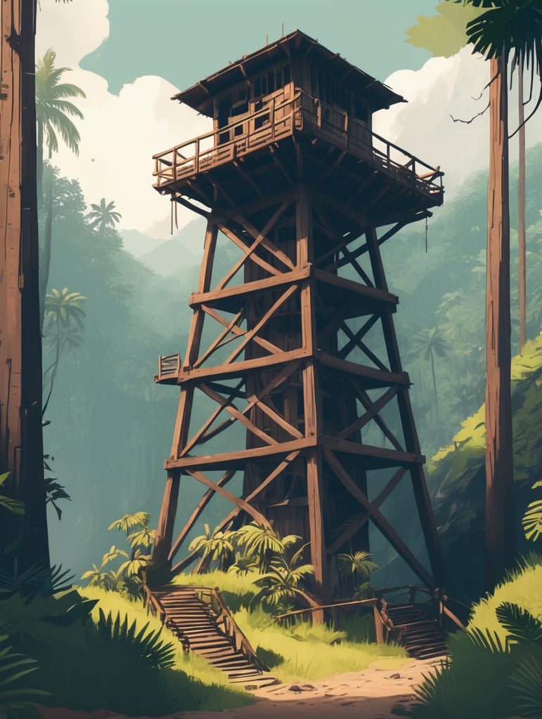 uma torre de vigia de madeira igual a do game firewatch grudada na montanha, em uma floresta tropical arte estilo firewatch game