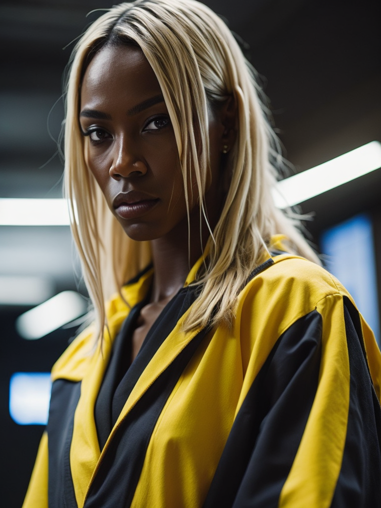 kill bill movie, a black women portrait wearing yellow robe, blood on her face