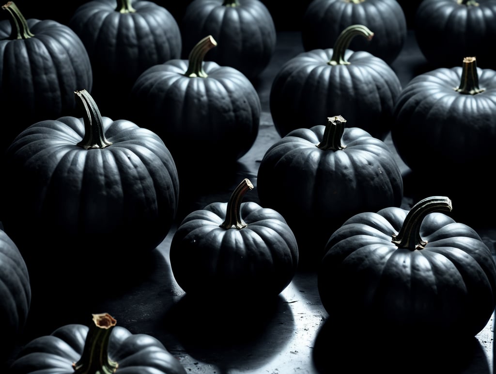 Black pumpkins on a black background 8k 50 pumpkins in view