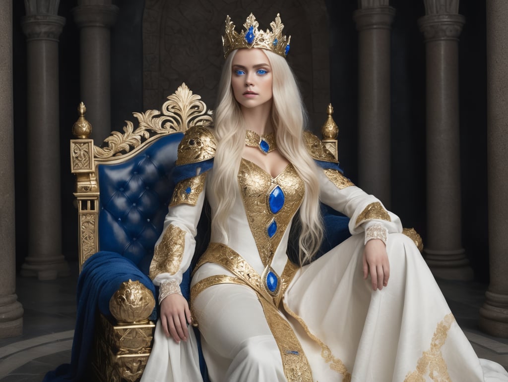 Woman with platinum long hair and blue eyes wearing golden crown and white and golden medieval clothes, sitting on a black stone throne in a stone dark throne room