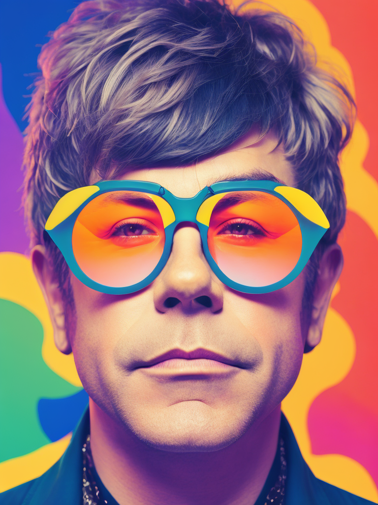 Portrait of Elton John with star-shaped glasses, Against a bright gradient, Vivid saturated colors, Contrast color