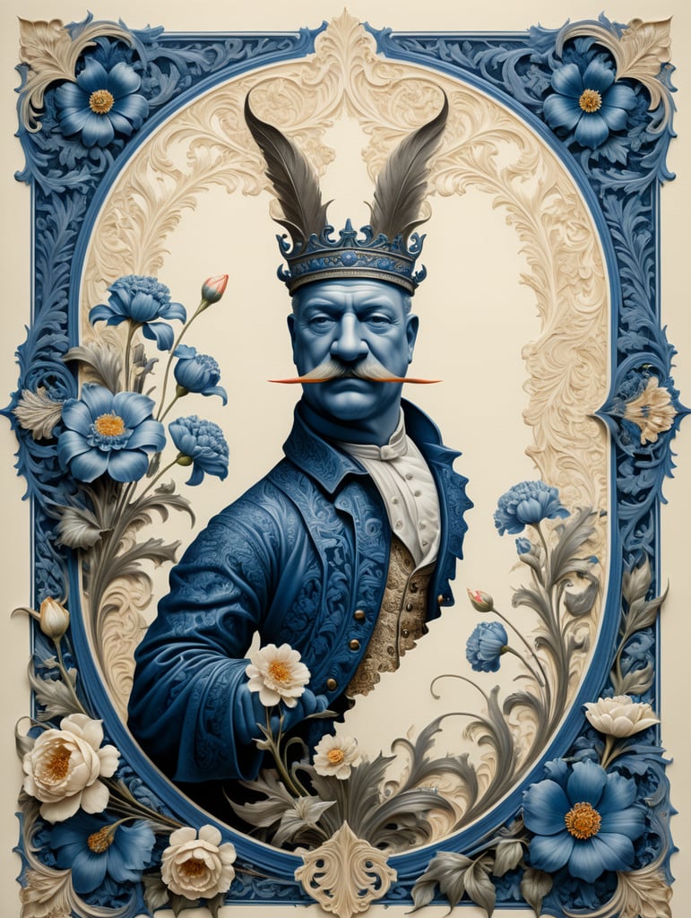 Two-tone blue ink on cream letterpress with Churchill and floral flamboyant frame design, blank space in center for text, in the style of William Morris