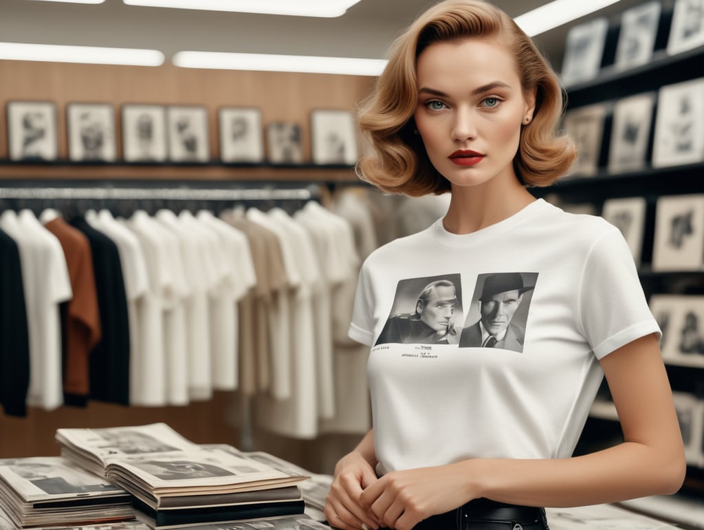 Extremely detailed photographic image, grained image, beautifully composed, monochrome image, 50's fashionable image, fashionable magazine photography, leica summicron 35mm f2.0, kodak 400tx, fashion photography, fashionable model, william s. burroughs, Woman wearing blank white T-Shirt in Clothing Store Mockup, mock up
