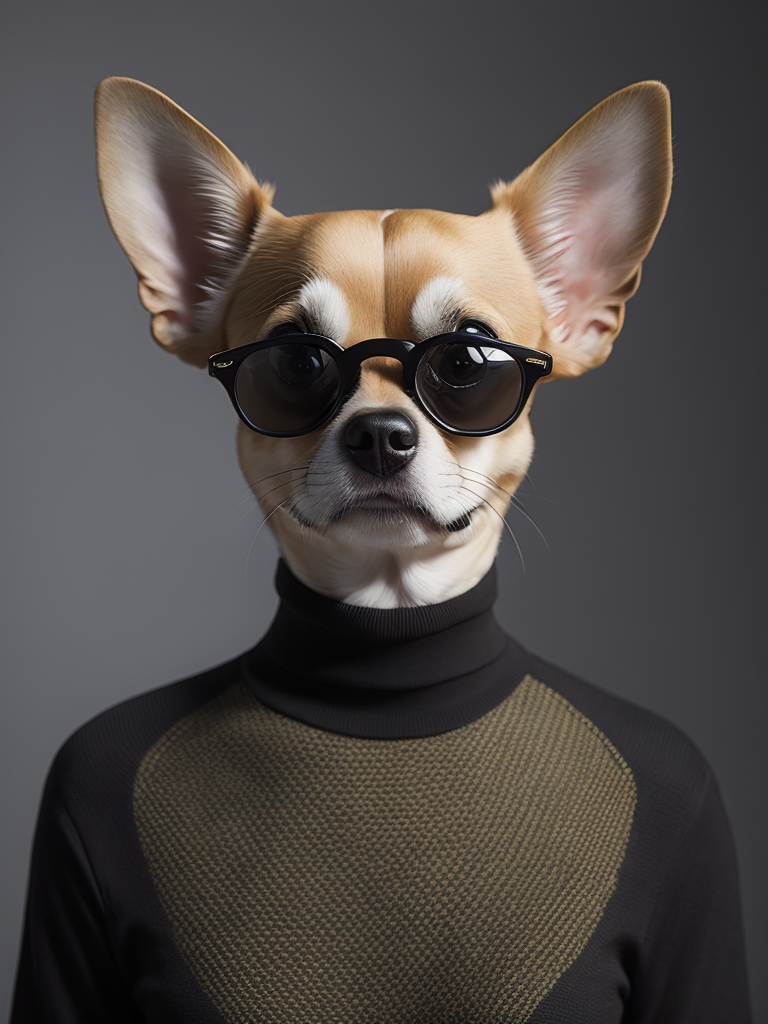 a young chihuahua in a (((black turtle neck shirt Andy warhol style))) wearing Ray-Ban sunglasses. sharp focus, highly detailed, photorealistic photoreal: 1.4, lifelike,highly detailed CG unified 8K,looking at the viewer smiling, (HQ skin:1.4), 8k uhd, dslr, soft lighting, high quality, film grain, Fujifilm XT3. black turtle neck shirt