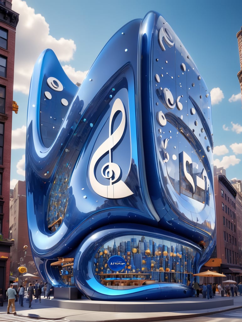 A futuristic neocosmic architectural facade of à Restaurant on the form of a musical note, in New York city, in blue glass, hyper realistic, hyper detailed, Nikon camera