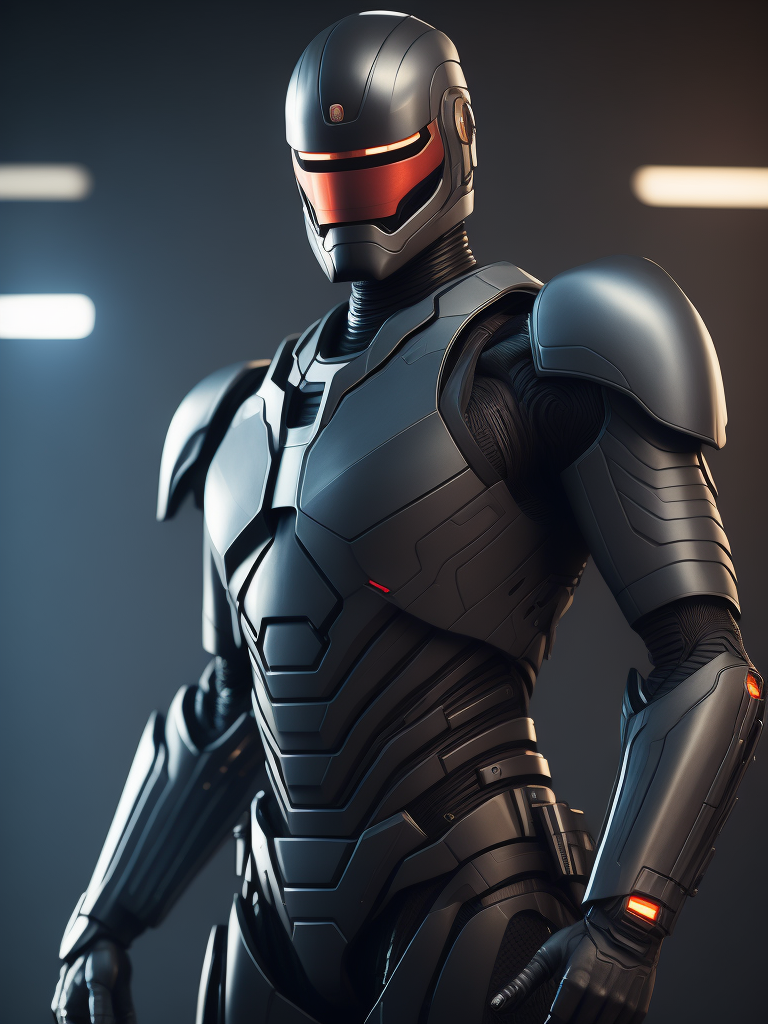 Robocop, armadura nova, dentro do laboratório de inovação, luz cenica azul, detlhado, cinema