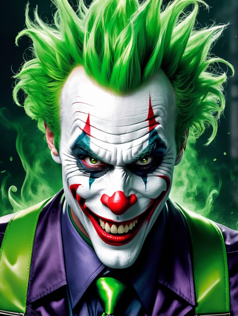 Créez un portrait surréaliste et très détaillé d'un personnage ressemblant au Joker, mais avec une touche d'originalité. Le personnage a un sourire sauvage et exagéré peint sur son visage avec un maquillage de clown vibrant, comprenant des lèvres rouges, de la peinture blanche pour le visage et des formes d'yeux audacieuses. Il est entouré d'une fumée verte fluo tourbillonnante qui se fond dans ses longs cheveux verts chaotiques. Le ton général doit être sombre, mais électrisant, avec un mélange d'esthétique de bande dessinée et d'art de rue moderne. L'éclairage doit créer des contrastes spectaculaires, avec des reflets brillants sur le visage et des ombres profondes, rendant le sourire encore plus sinistre. Gardez l'arrière-plan noir pour mettre en valeur les tons verts vibrants et les traits du visage saisissants du Joker. L'ambiance doit être rebelle, chaotique et légèrement inquiétante, capturant l'essence d'un méchant qui aime le chaos.