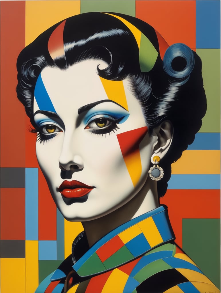 harlequin portrait, painting, illustration, Lithography, Pop-art, style of Richard Lindner