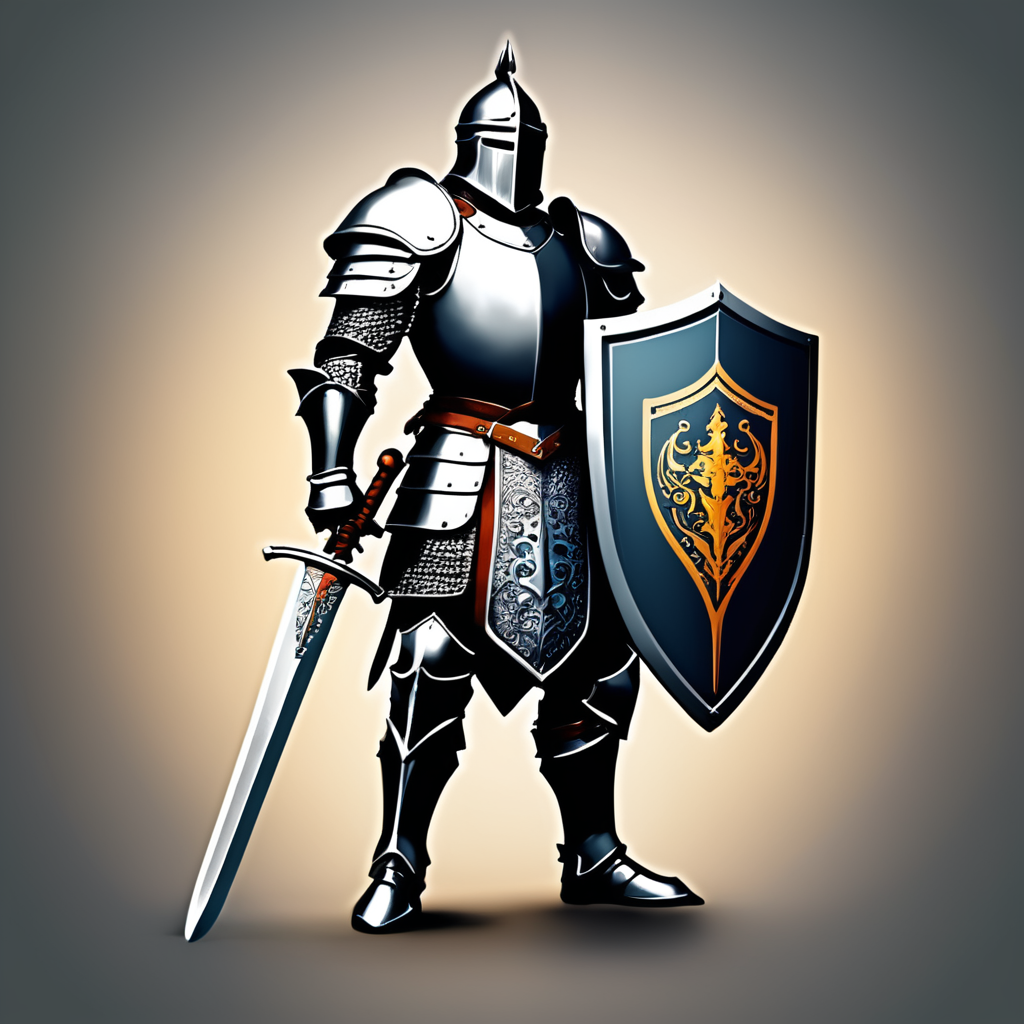 arafed knight with sword and shield logo design, strong fantasy knight, professional logo design, sword design, medieval knight, (((knight))), fantasy knight, holy crusader medieval knight, logo vector art, medieval holy crusader knight, armored knight, high quality character design, 3 d logo, logo design, knight, medieval fantasy game art, logo concept design, illustrated logo