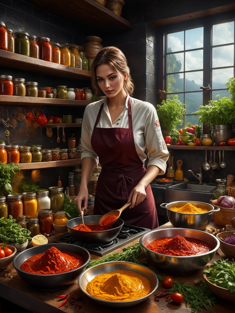 A woman in the back of a kitchen counter with ingredients to make sauce. Fresh tomatoes, freshly ground garlic, onions, carrots, celery, green peppers, virgin olive oil, water, salt, oregano, basil, parsley, sugar, and black pepper. in a kitchen background scene