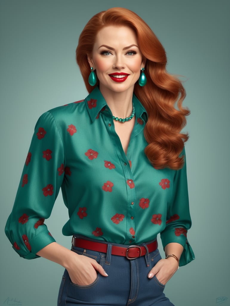 Lois is a tall, orangeheaded Caucasian woman. She wears blue pearl earrings, red lipstick, a teal green buttoned up women's shirt with sleeves rolled up to the elbow, tan jeans, and red slip on shoes.