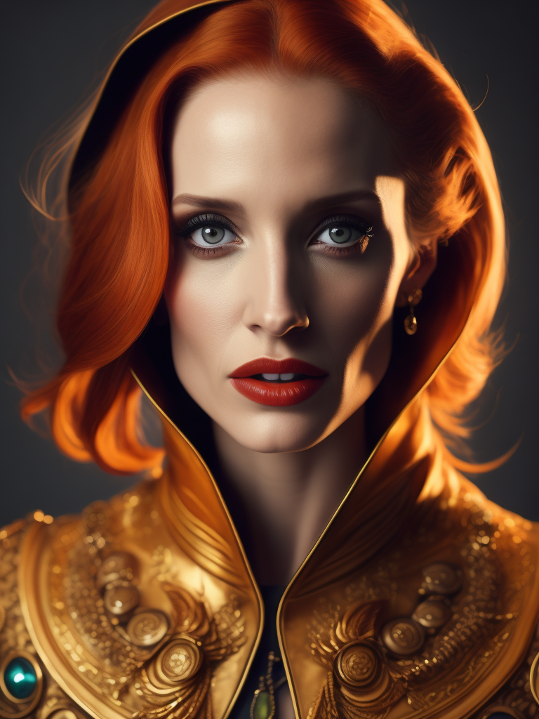Portrait of Jessica Chastain, bright and saturated colors, elegant, highly detailed, vogue, fashion magazine, sharp focus, bright expressive makeup, dramatic lighting, depth of field, incredibly high detailed, blurred background