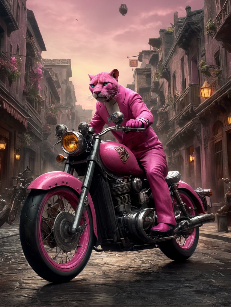 pantera cor de rosa andando de moto