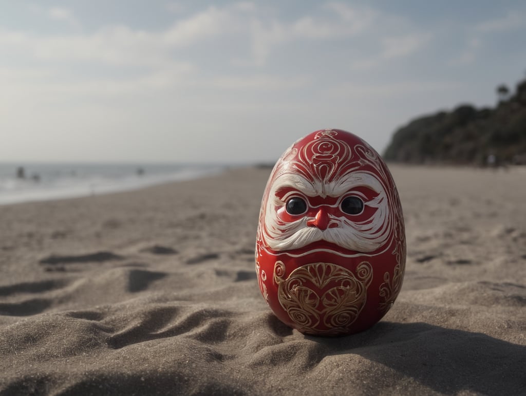 small Japanese happy daruma figure as an red and white dominated egg with gold. Situated on a beach close to the sea. Left eye has no pupil