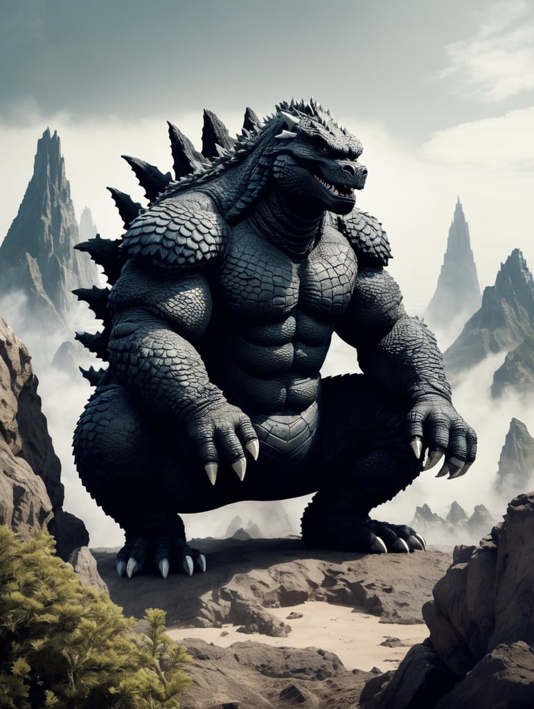 Godzilla squatting over a continent with his big fat butt