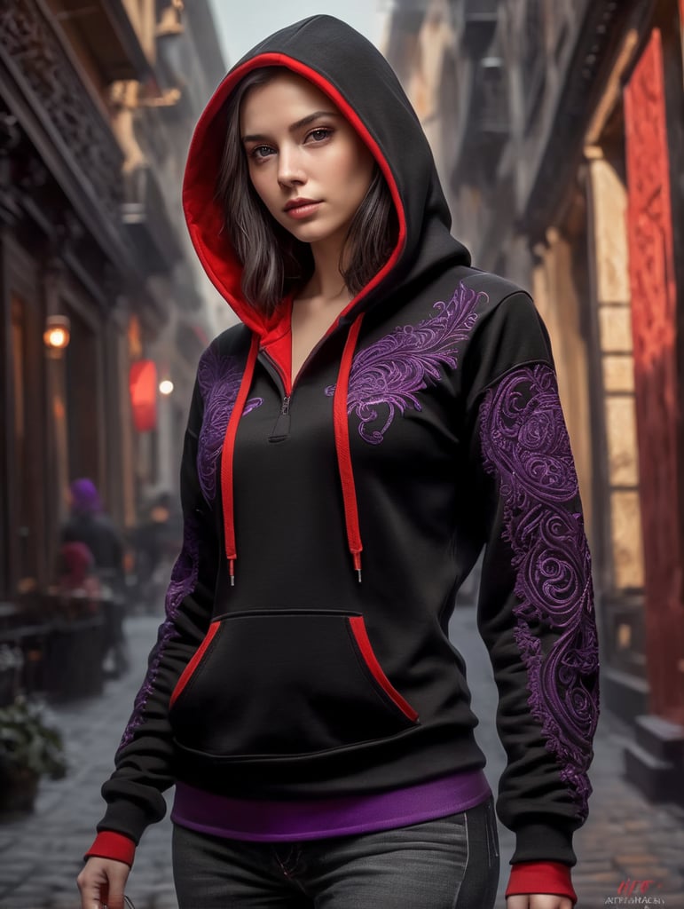 hoodie noir avec cordons rouge bout des manches violet porté par une jolie jeune femme