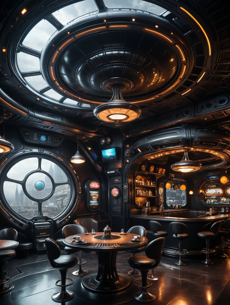 Futuristic interior of UFO cafe. Alien interior, black tones