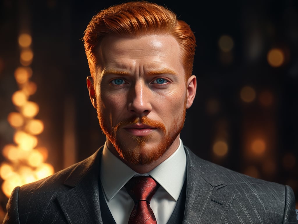 A ginger man in a suit with a goatee, his eyes are glowing red.