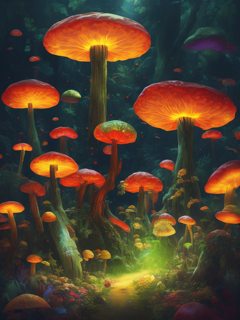 nature, high resolution, very detailed, crowded aliens, weird plants , unrealistic trees, trippy, big colored and translucent mushrooms, glowing mushroom, hallucination, bright colors, surrealism