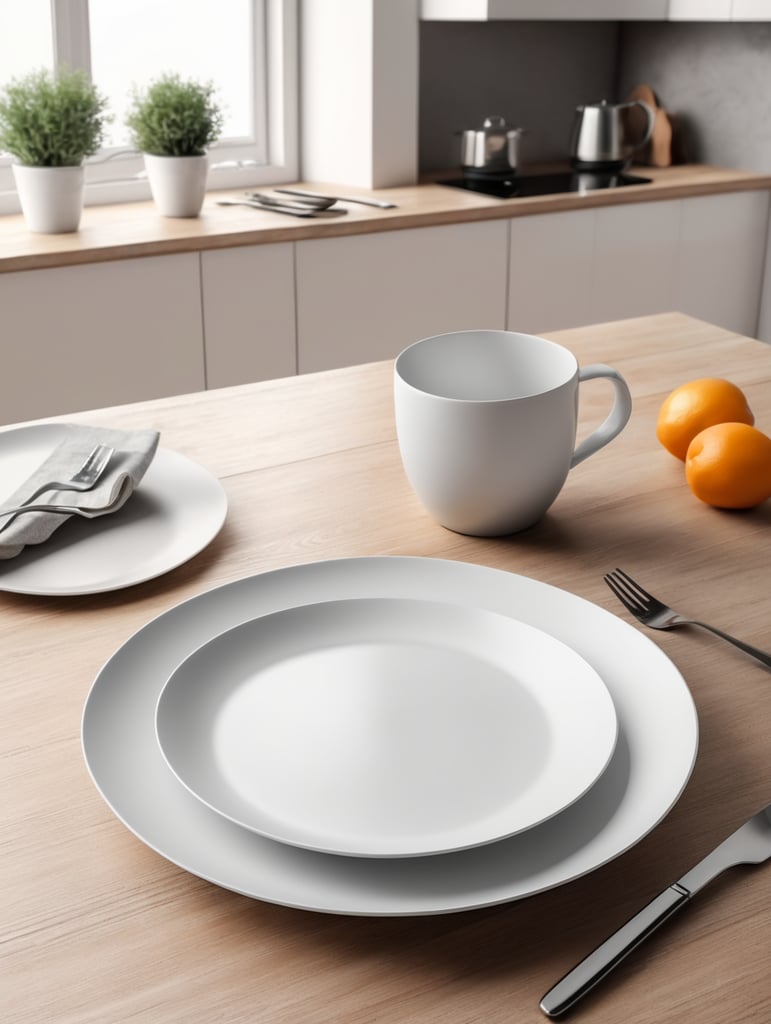 modern kitchen table, empty plate, mockup