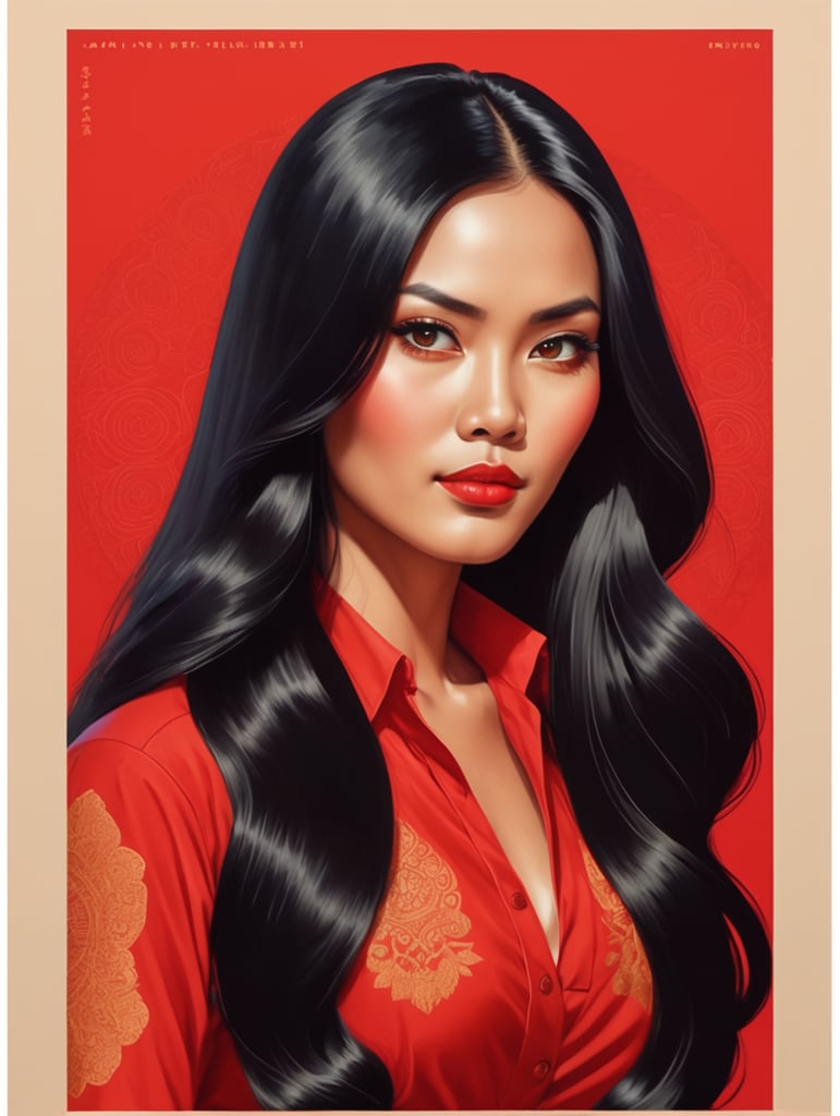 beautiful Indonesian woman with long black hair, red background eye-catching poster-style drawing and illustration representing the iconic pulp style.