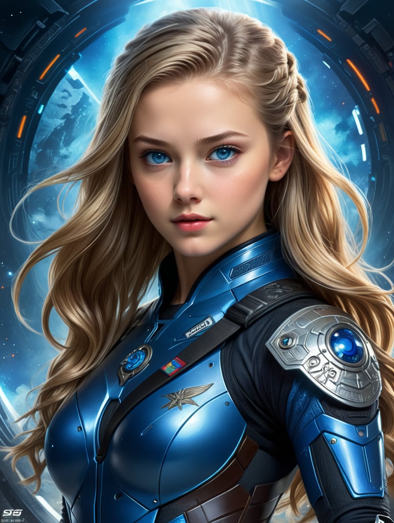 Caucasian white girl, in her teens, who is a sci-fi black belt ninja, accepting an award in space, dark blue eyes, dark blond hair, in okinawa japan, blue streak of hair is blue