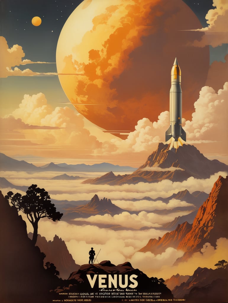 Ein Vintage-Reiseplakat für Venus im Hochformat. Die Szene zeigt die dicken, gelblichen Wolken der Venus mit der Silhouette eines sich nähernden alten Raketenschiffs. Geheimnisvolle Formen deuten auf Berge und Täler unter den Wolken hin. Der untere Text lautet: „Explore Venus: Beauty Behind the Mist“. Das Farbschema besteht aus Gold-, Gelb- und sanften Orangetönen und erweckt ein Gefühl des Staunens.
