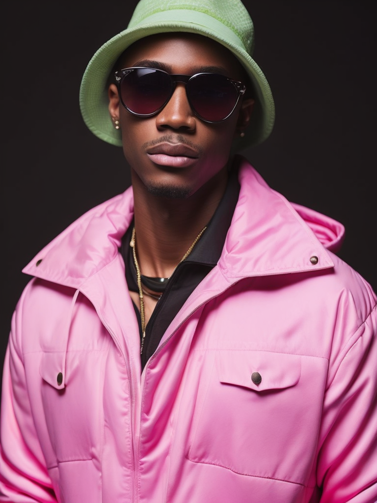 Black male fashion model, Wearing a pink jacket and a green panama hat, large black sunglasses, Black background, Bright and rich colors, bright saturated color, sharp focus,