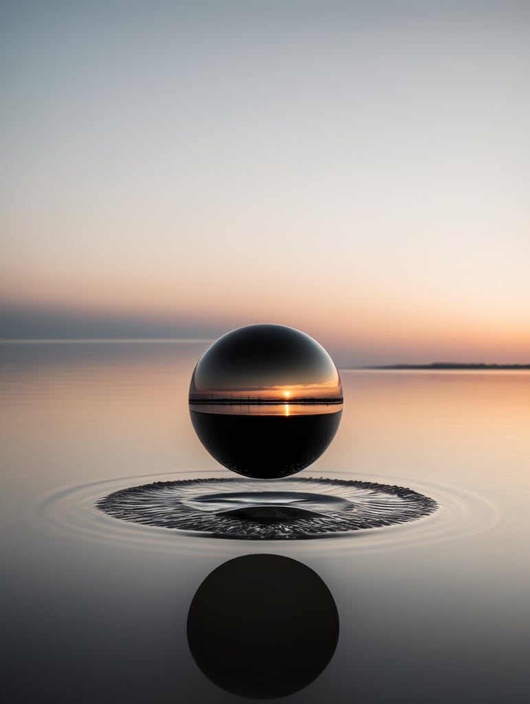 minimal, simple black sphere hover above on water, just the horizon on the background