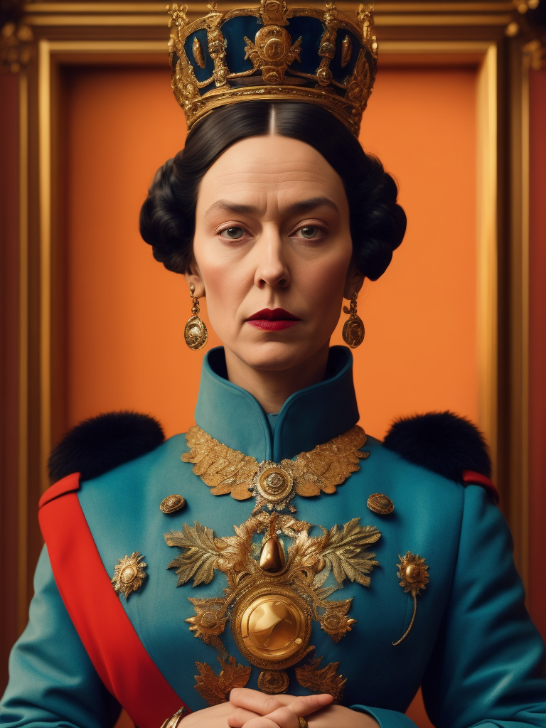 Queen Victoria, directed by wes anderson, wes anderson style, quirky, Vivid saturated colors, Contrast color, studio photo, professional photo, Rich colors, Detailed image, detailed face