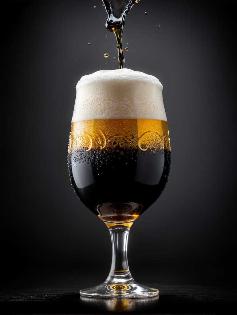 professional photo of a black beer glass, Beer foam coming out of a glass, isolated, black background