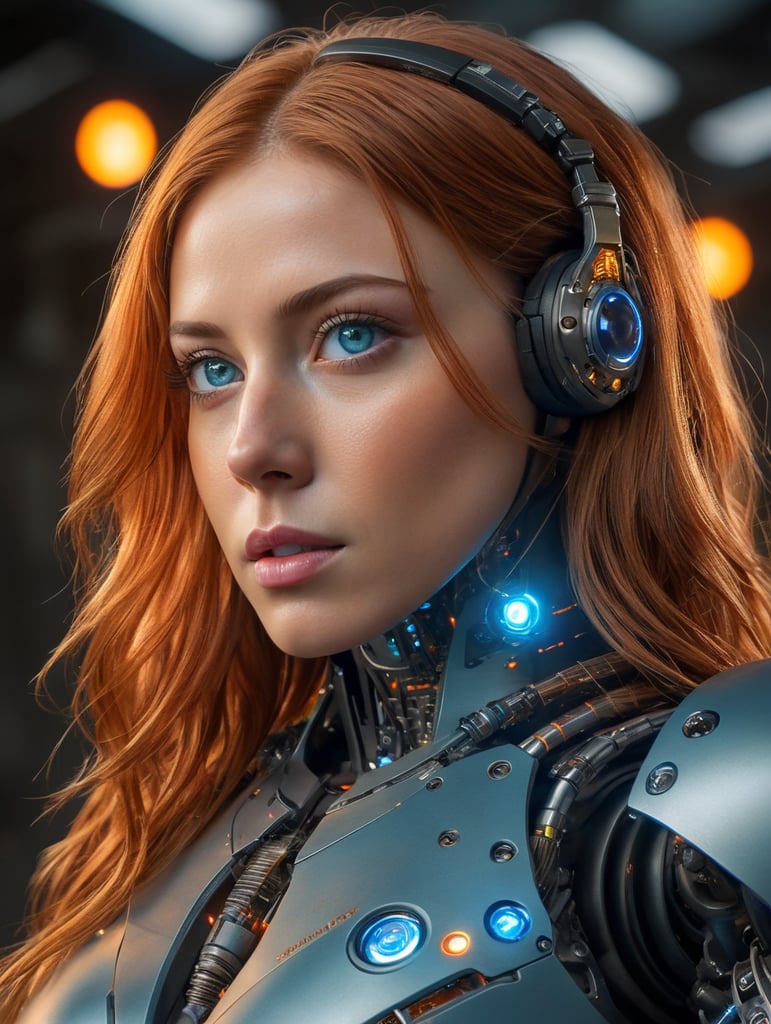 film grain, high quality, warm colors, colorful, OverallDetail, volumetric lighting, backlight, rim light, 1 girl, adult woman, light blue eyes, auburn drill hair, solo, upper body, looking up, detailed background, detailed face, (glasstech, glass theme), android, biomechanical limbs, advanced technology, head tilted, sleek design, steel, nanobots, electronics, techwear, powered by fire, energy pulse, neon colors, cables in background, cinematic atmosphere,