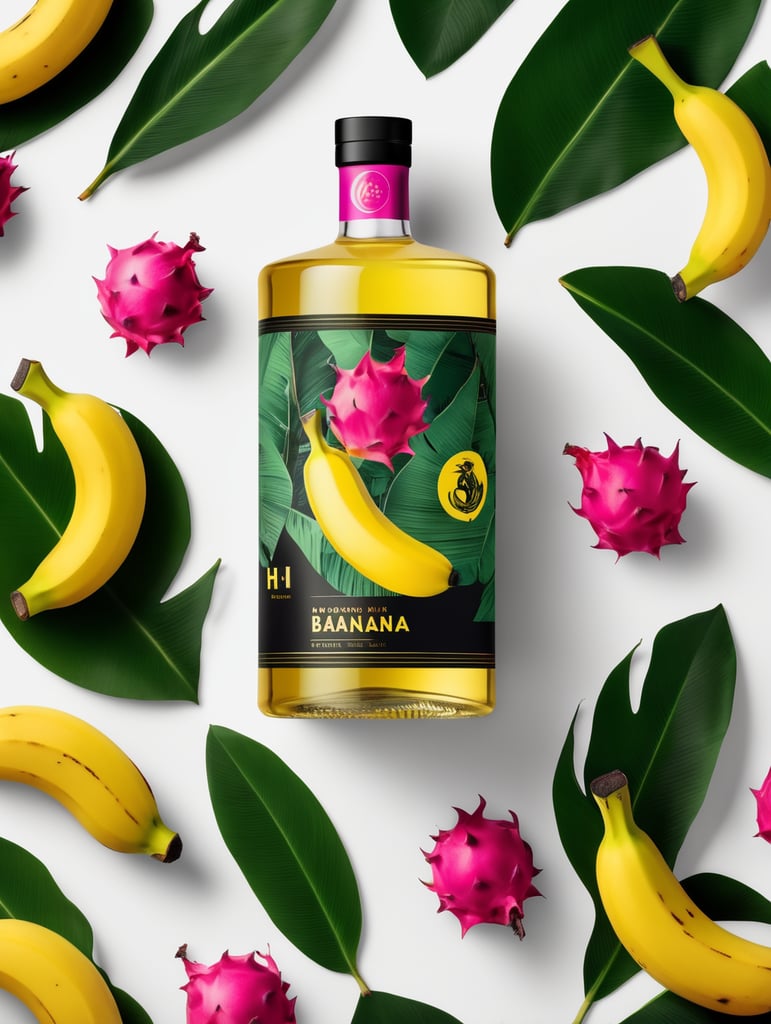 Packaging and branding for a banana vodka brand as if it had been designed by HI ESTUDIO with In a set design with banana, dragon fruit and dry banana leaves.