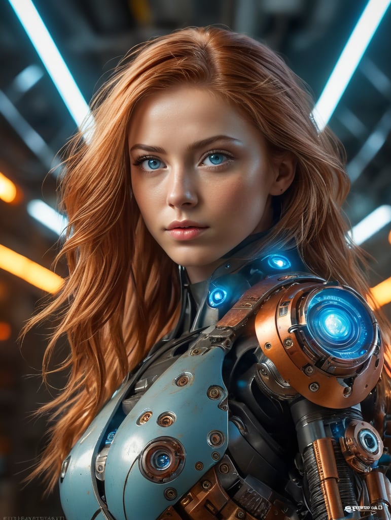 film grain, high quality, warm colors, colorful, OverallDetail, volumetric lighting, backlight, rim light, 1 girl, adult woman, light blue eyes, auburn drill hair, solo, upper body, looking up, detailed background, detailed face, (glasstech, glass theme), android, biomechanical limbs, advanced technology, head tilted, sleek design, steel, nanobots, electronics, techwear, powered by fire, energy pulse, neon colors, cables in background, cinematic atmosphere,