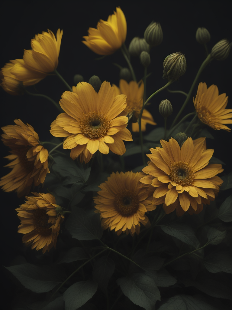yellow flowers, dark atmosphere, deep colors, clear details