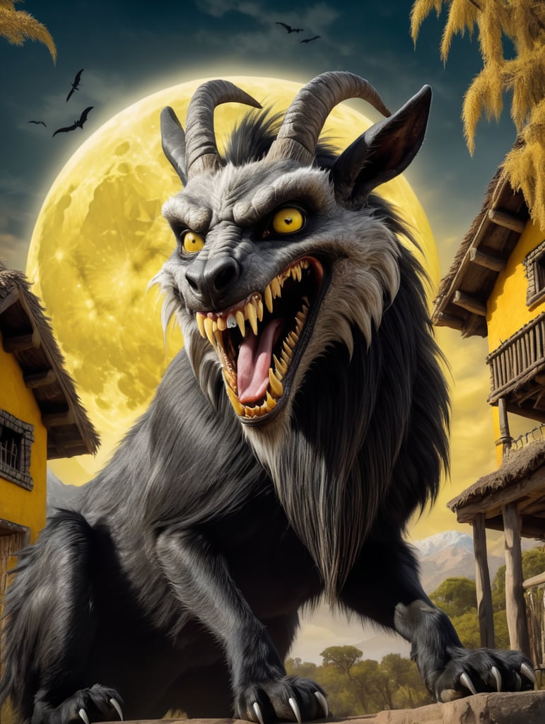 anthropomorphic Chupacabra cryptid with vicious teeth and long fangs is eating a goat, elongated yellow eyes, short dark fur with mane-like spines sticking out of the creatures back, background Mexican farm house with old trees, full moon, rule of thirds, realistic photography