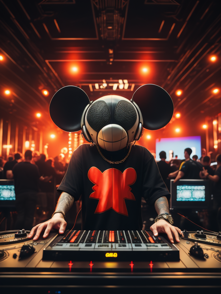 Deadmau5 dj playing in the night club, Red oversize t-shirt and gold chain, hall full of people having fun in the background, ultra realism, super detailed, neon colors