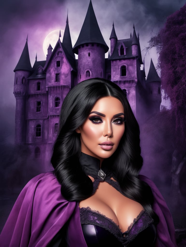 Portrait of Kim Kardashian in a witch costume for Halloween, scary dark makeup on her face, gloomy dark atmosphere, vintage 70s style, purple, pink and black colors, high detail photo, professional photo, against the backdrop of an old creepy castle, contrasting light, bright colors, deep dark atmosphere