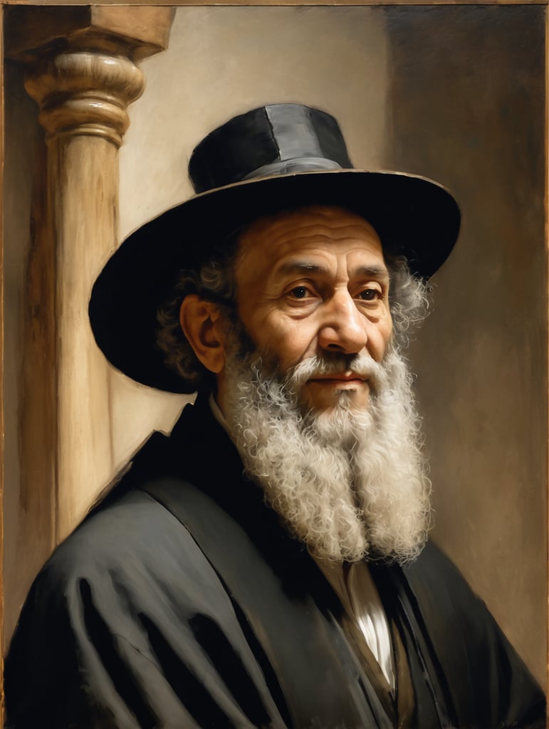 painting by rembrandt van rijn of an old orthodox jewish rabbi in synagogue