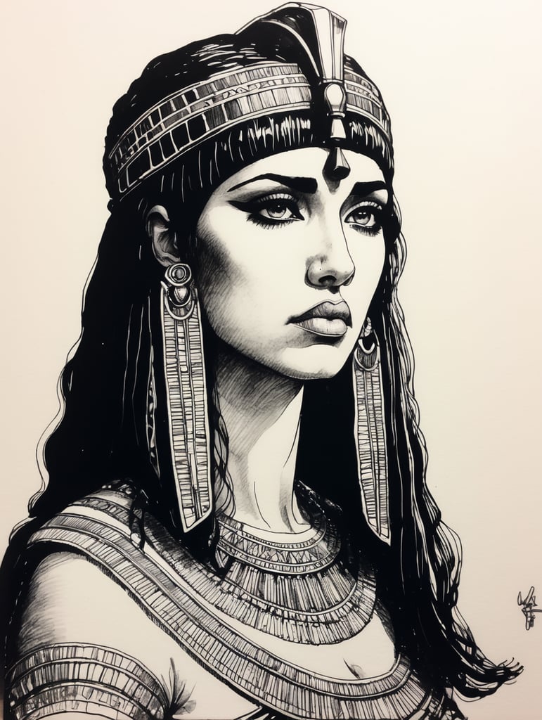 Sad Cleopatra, Ink pen sketch, low light, low detail,