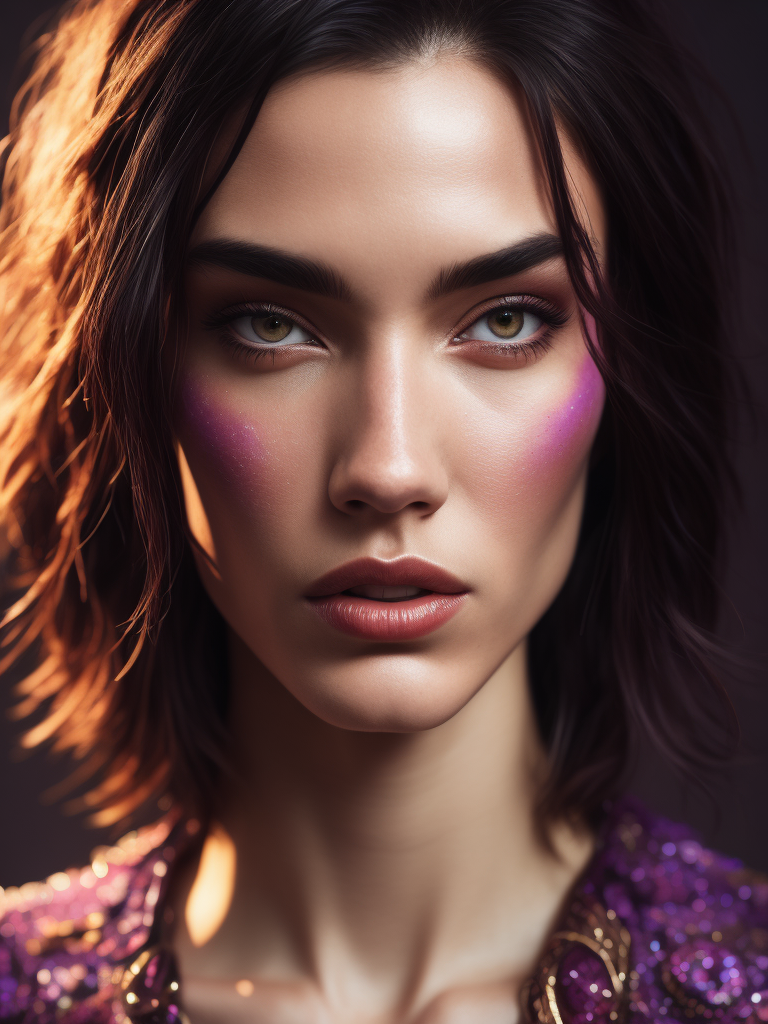 A photo close-up of a beautiful black haired woman with freckles, fashion editorial, studio photography, magazine photography, wearing pink and purple colors, blurry background