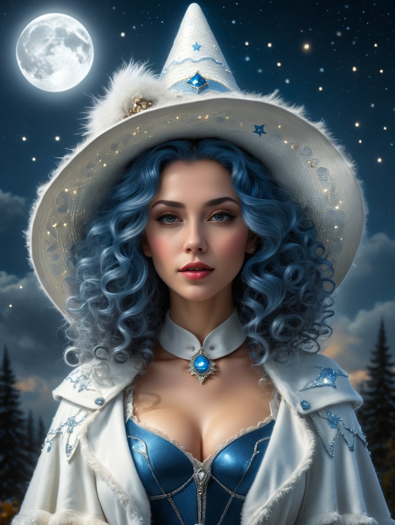 woman with blue curly hair, big white witch hat, white vintage sweater, gray bearskin cape, blue eyes, big full moon in the background, night with stars