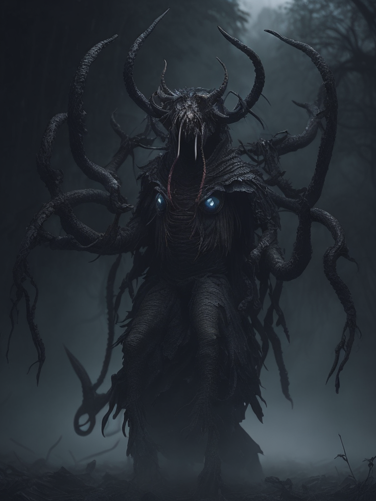 Creature eldritch horror, dark obscured by fog, photorealistic, eight arms