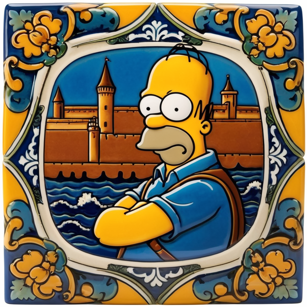 Square ceramic glazed tile with medieval art Homer Simpson, Azulejo