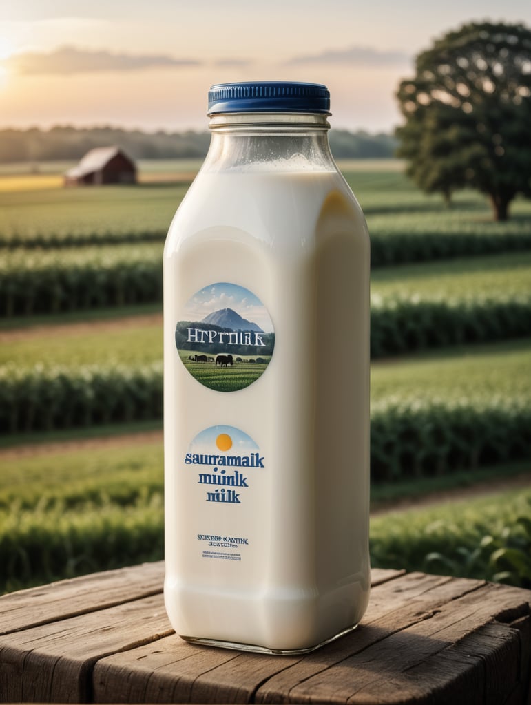 A mockup of a square bottle of milk, early morning, farm blurred background