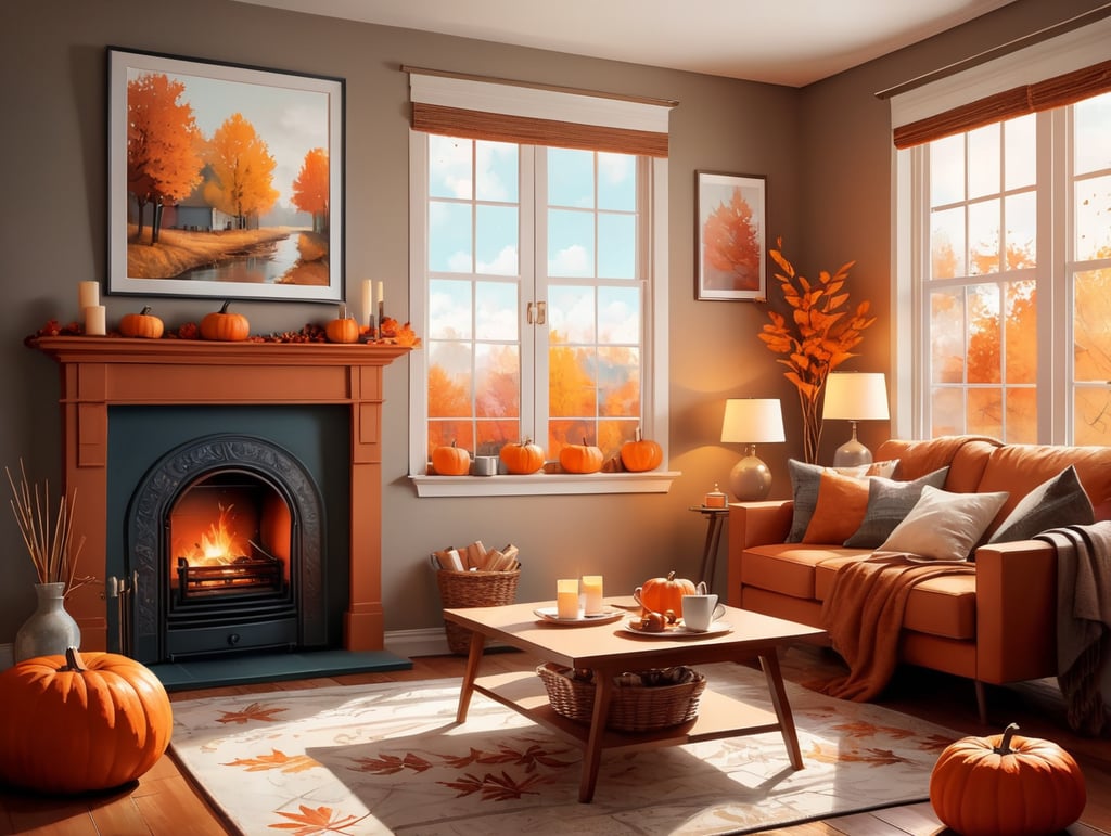 A flat vector illustration of a cozy autumn interior, with stylized fireplace, warm blankets, and a cup of hot cocoa, stylized autumn leaves decorating the room, and a comforting color palette invoking the snug feeling of autumn indoors, Flat Vector Illustration, designed with vector graphics software to convey the cozy and inviting atmosphere of an autumn home