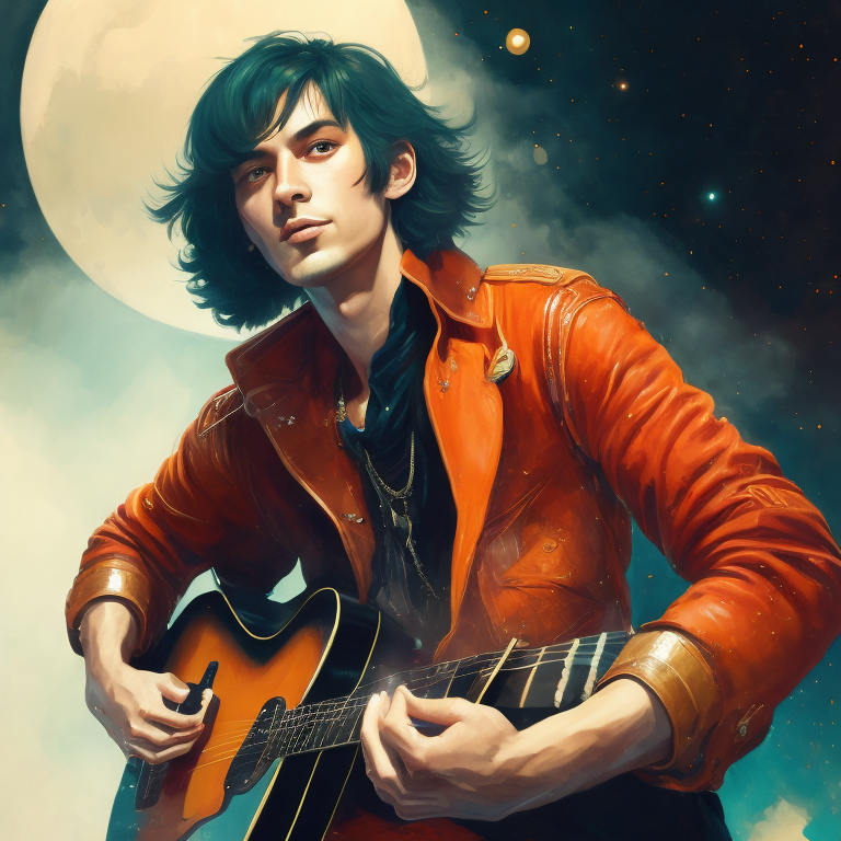 flat drawing space tramp with guitar, 60s style