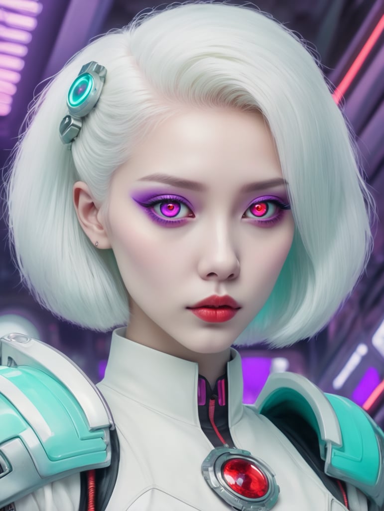 n albino girl with red eyes and white hair, in the style of retro-futuristic propaganda, purple and cyan, anime aesthetic, steelpunk, comic art, qing dynasty, experimental form