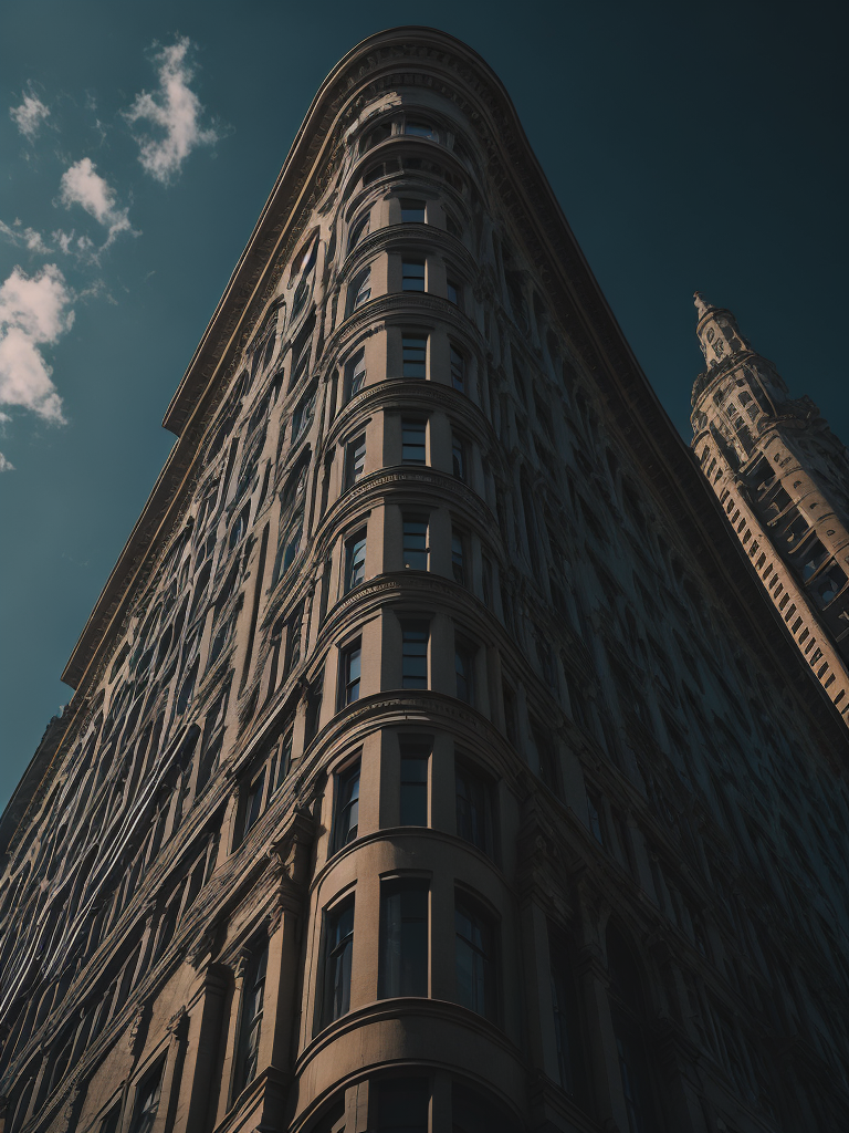 Flatiron Building, Vibrant colors, Warm & Deep colors, Contrast lighting, Sunny day, High detail, Sharp details