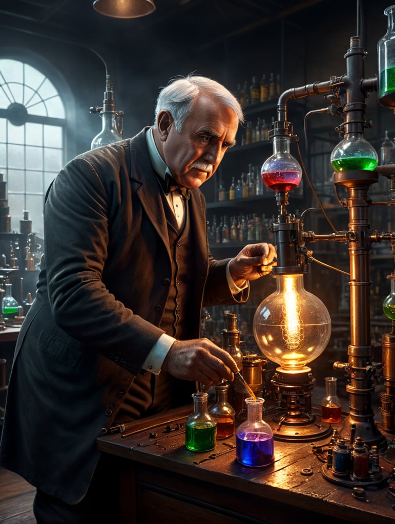 Thomas Edison in a lab mixing chemicals